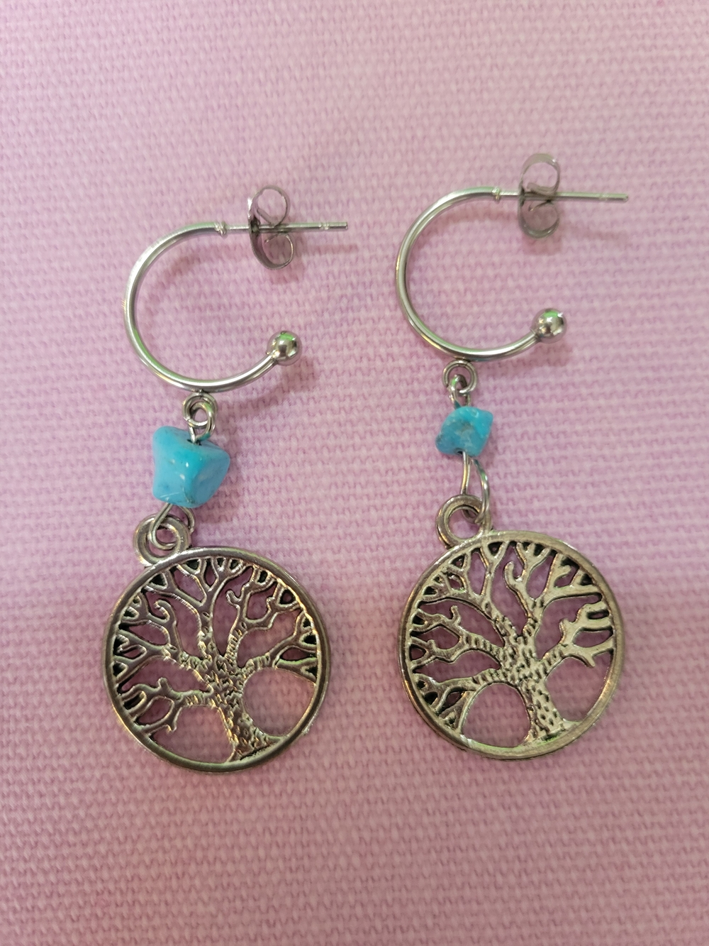 Silver Tree of Life Hoop Earrings with Turquoise Bead